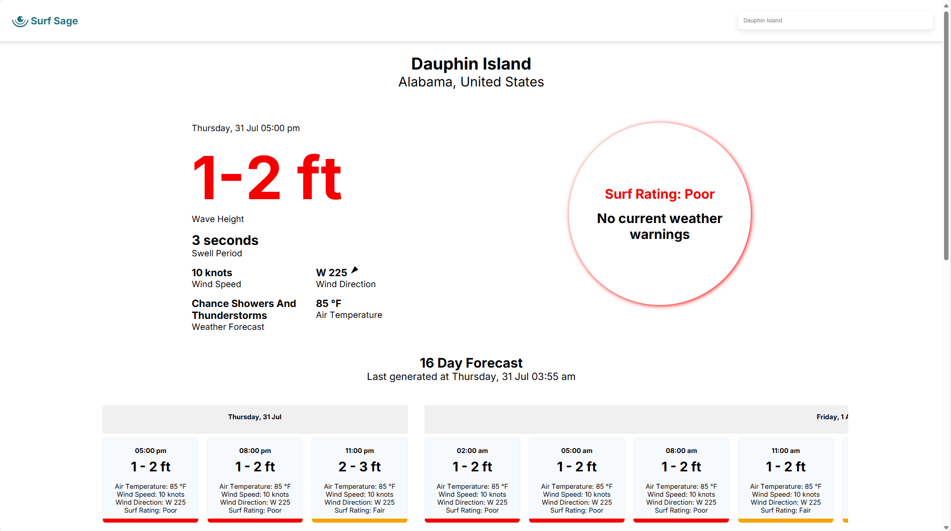 Waves forecast page for selected location showing wave and weather data
